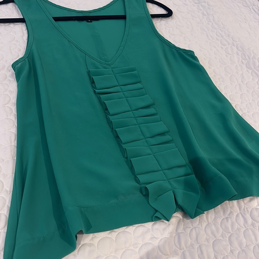 Women small Green v neck sheer loose top with gather detail on the front Y2K